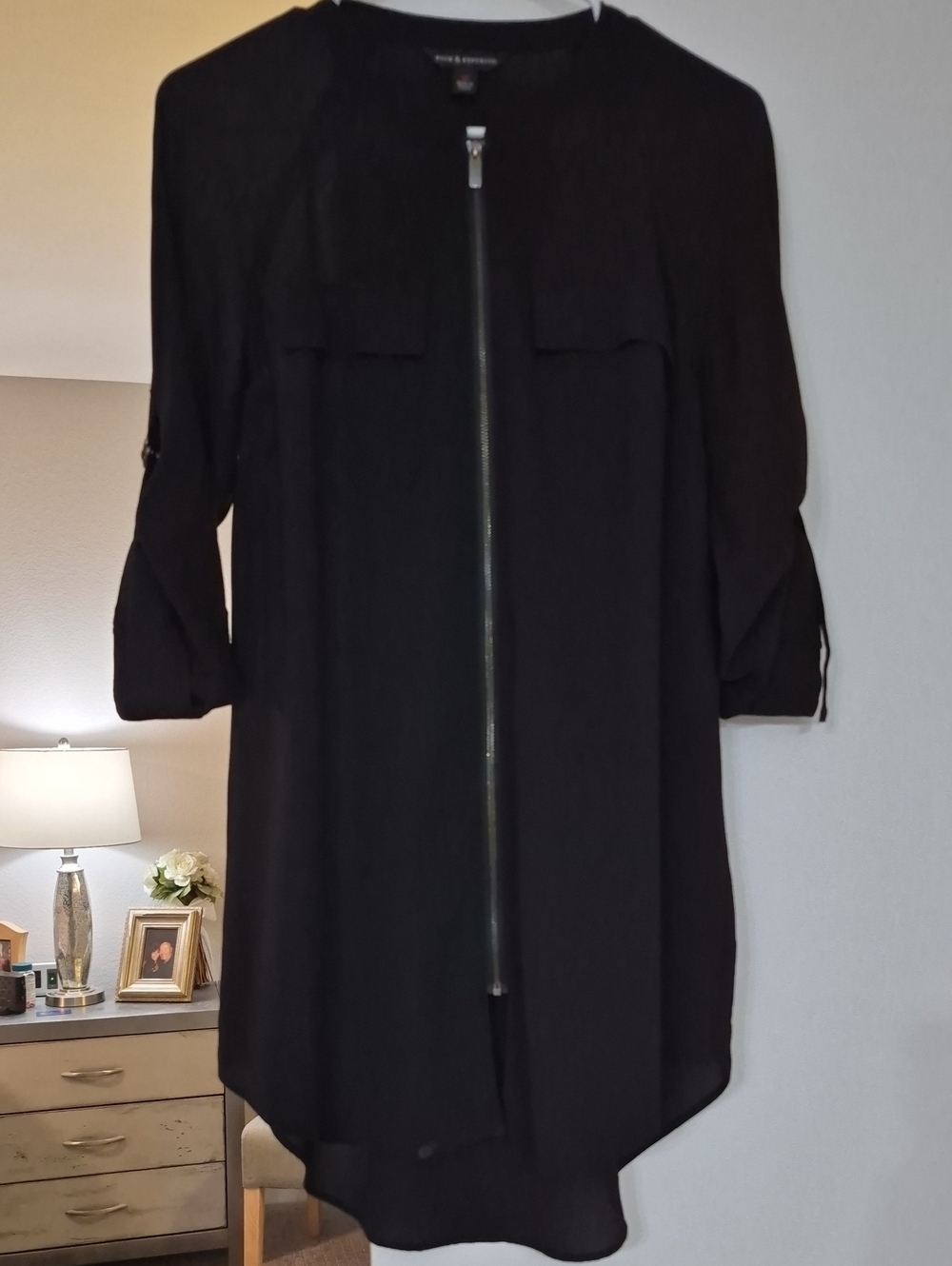 Rock & Republic Black Zip-Front Tunic Blouse